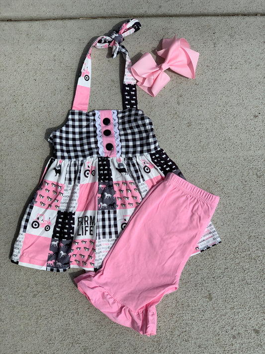 Pink farm shorts set with bow